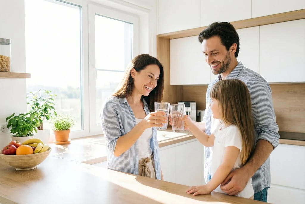 szczęśliwa rodzina pije żywą wod